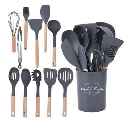 스티크 방지 요리 도구 12pcs 실리콘 주방용품 세트 버킷과 나무 손잡이